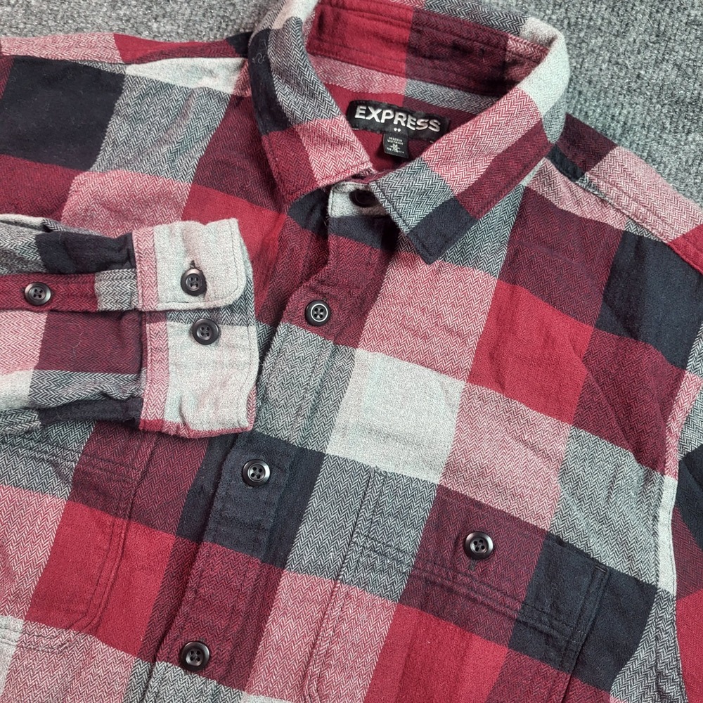 Express Mens Flannel Shirt Medium Red Gray Black Plaid Herringbone Button Down